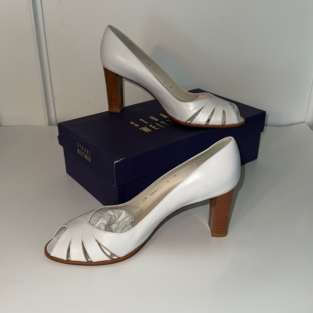 Stuart Weitzman “Slice” White Calf Leather Peep Toe Block Heels